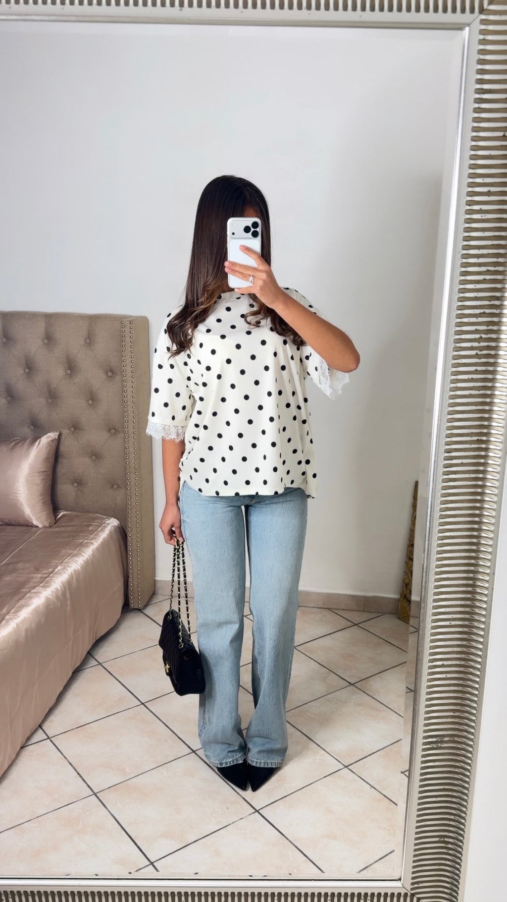 T-shirt dos en dentelle à pois [BLANC]