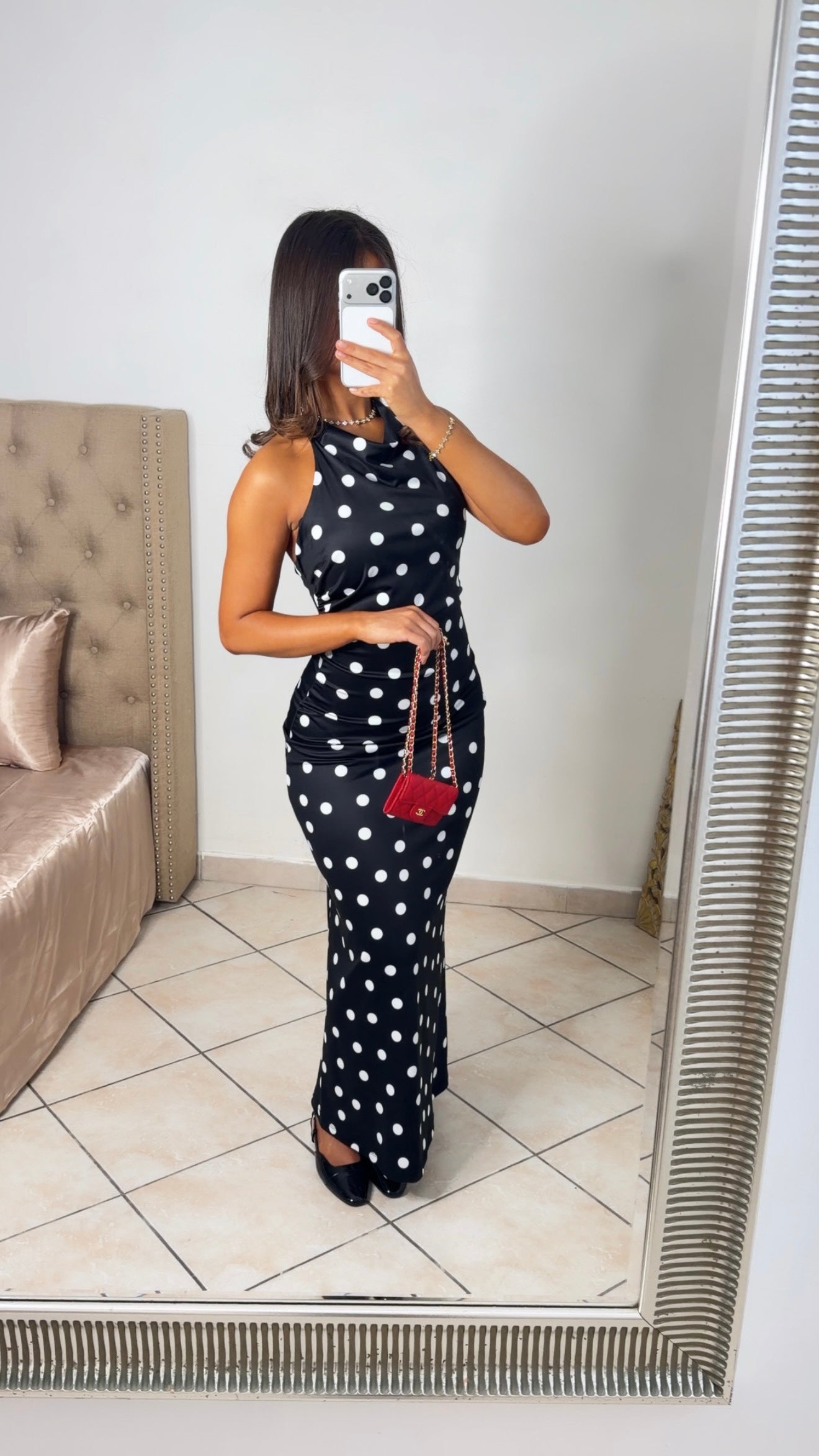 Robe longue dos nu à pois [NOIR]