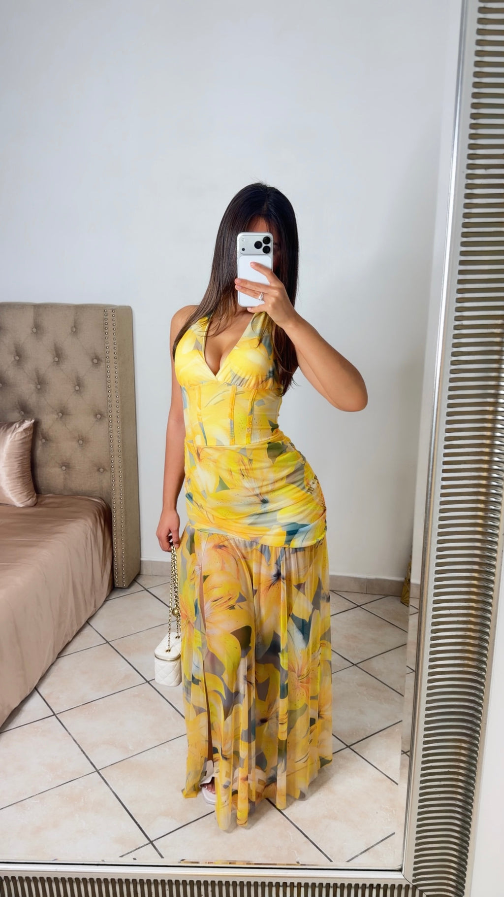 Robe longue drapée à motifs fleuris [JAUNE]
