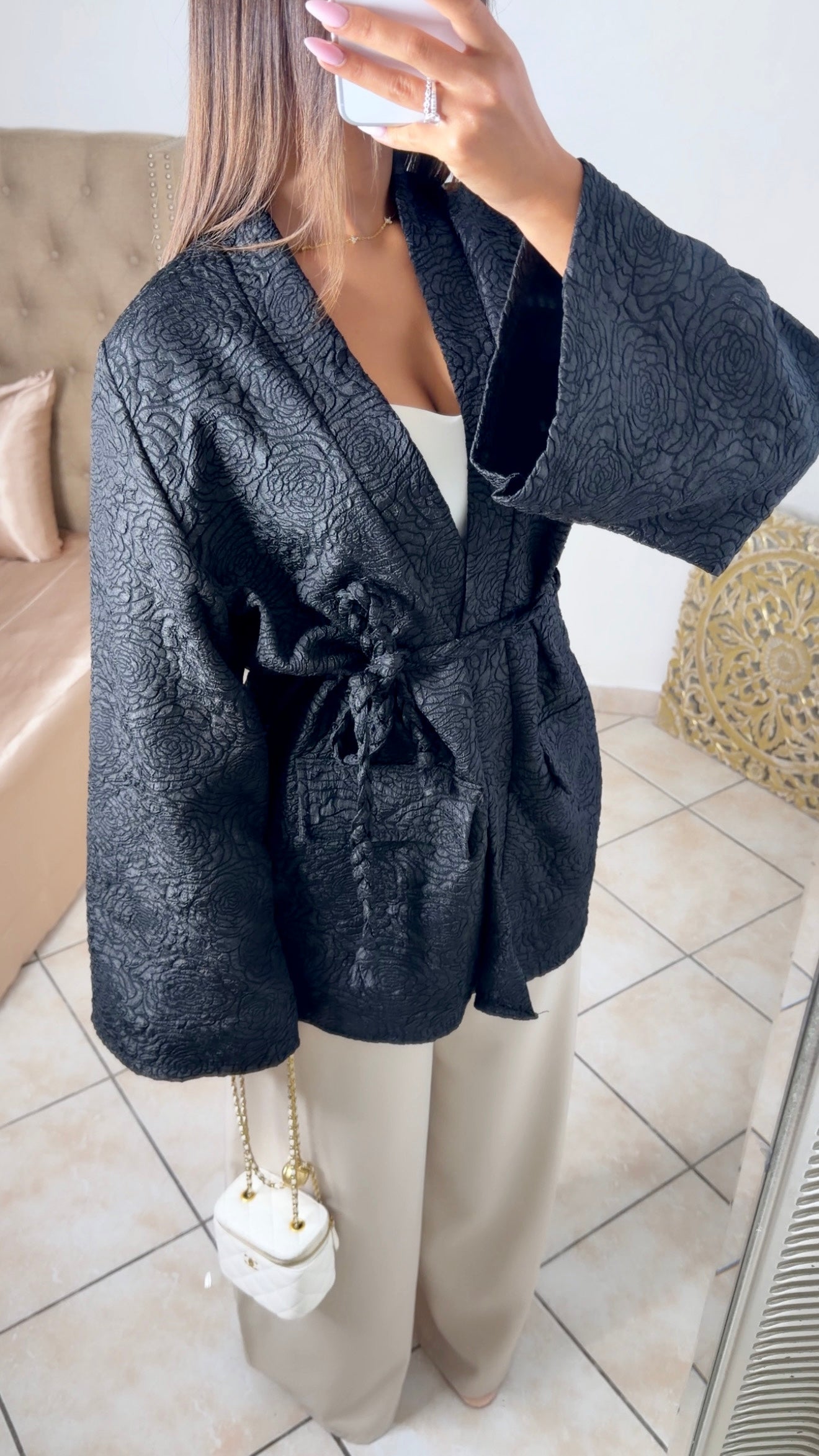 Kimono brocard à ceinture [NOIR]