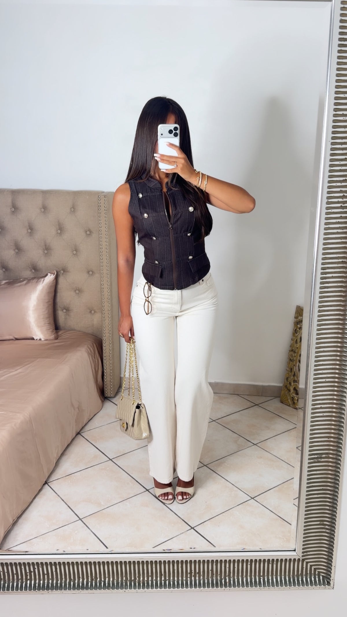 Top zippé sans manches à détail asiatique [MARRON]