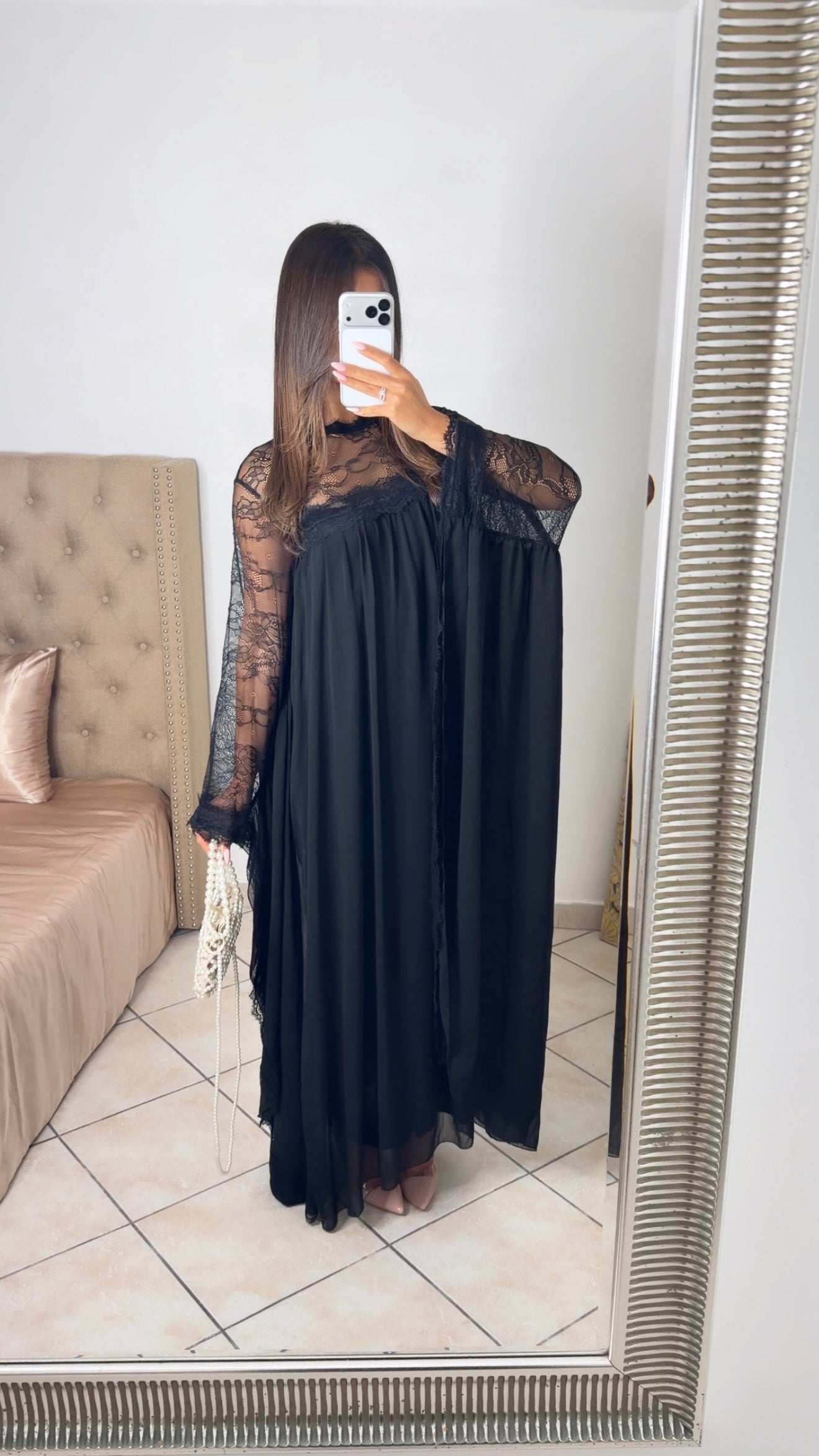 Robe longue à dentelle [NOIR]