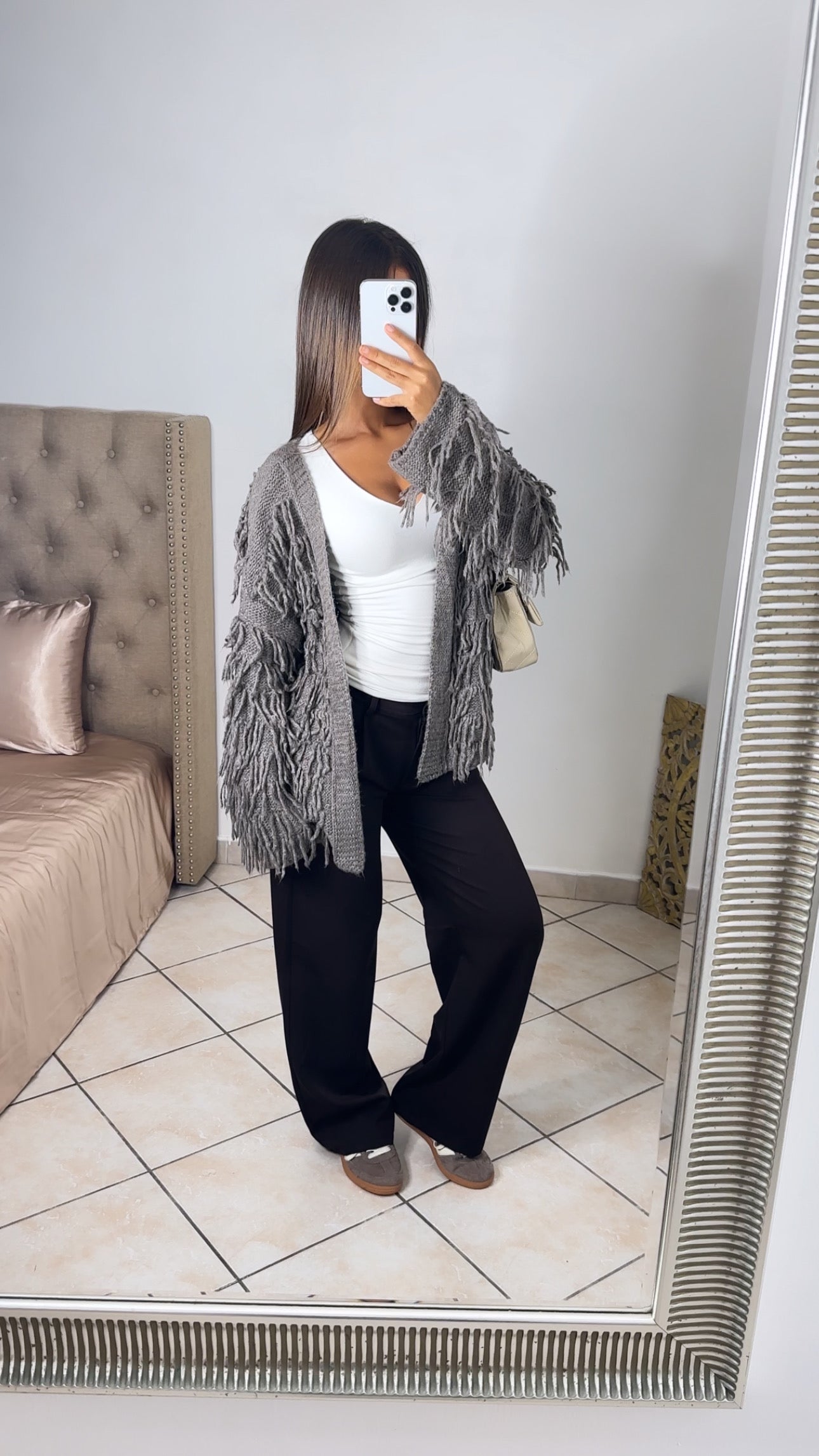 Cardigan en maille à franges [TAUPE]
