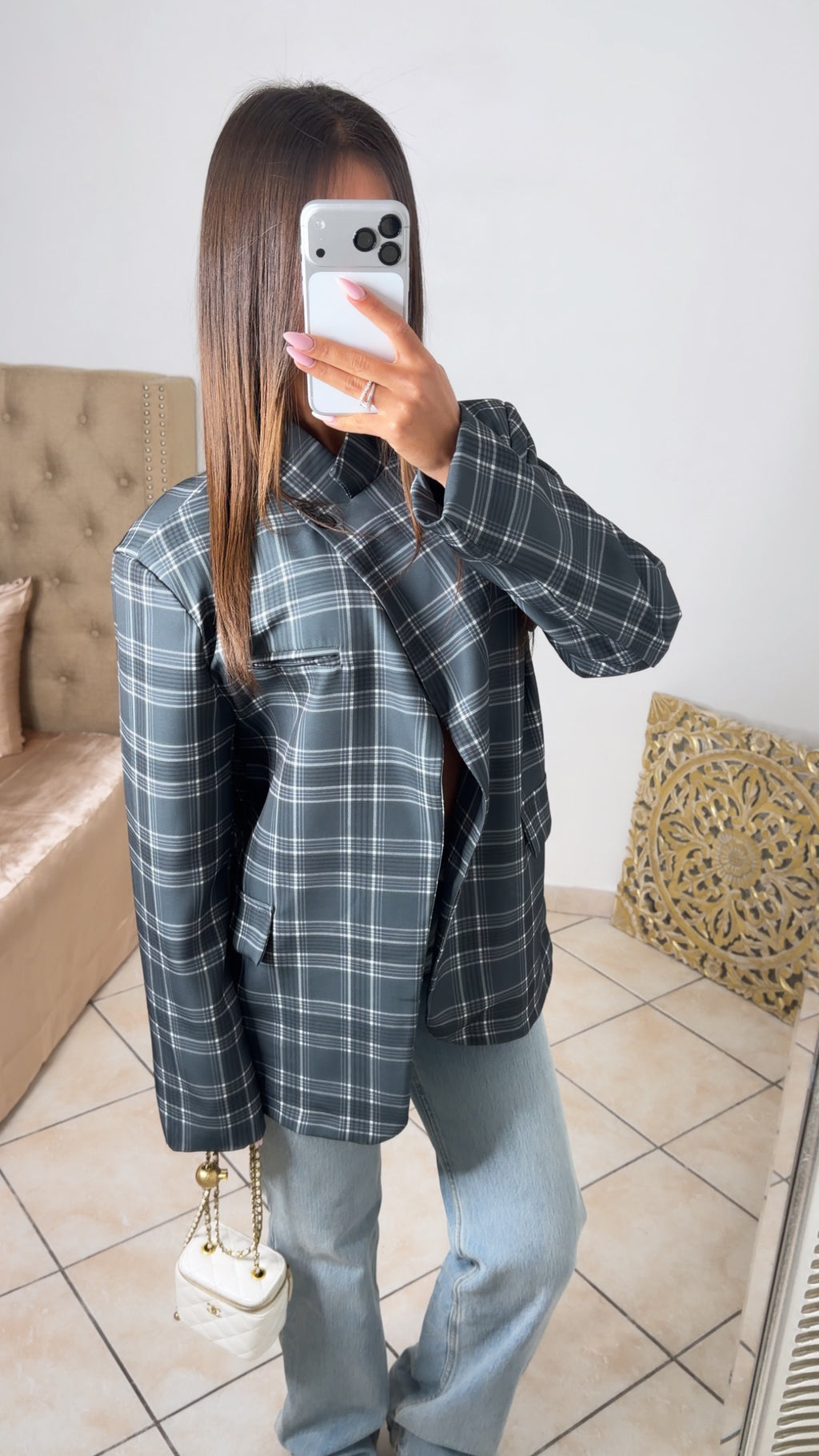 Blazer surdimensionné à carreaux [GRIS]