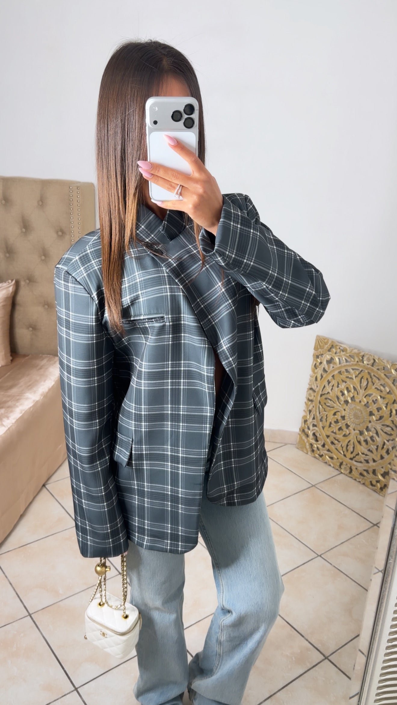 Blazer surdimensionné à carreaux [GRIS]