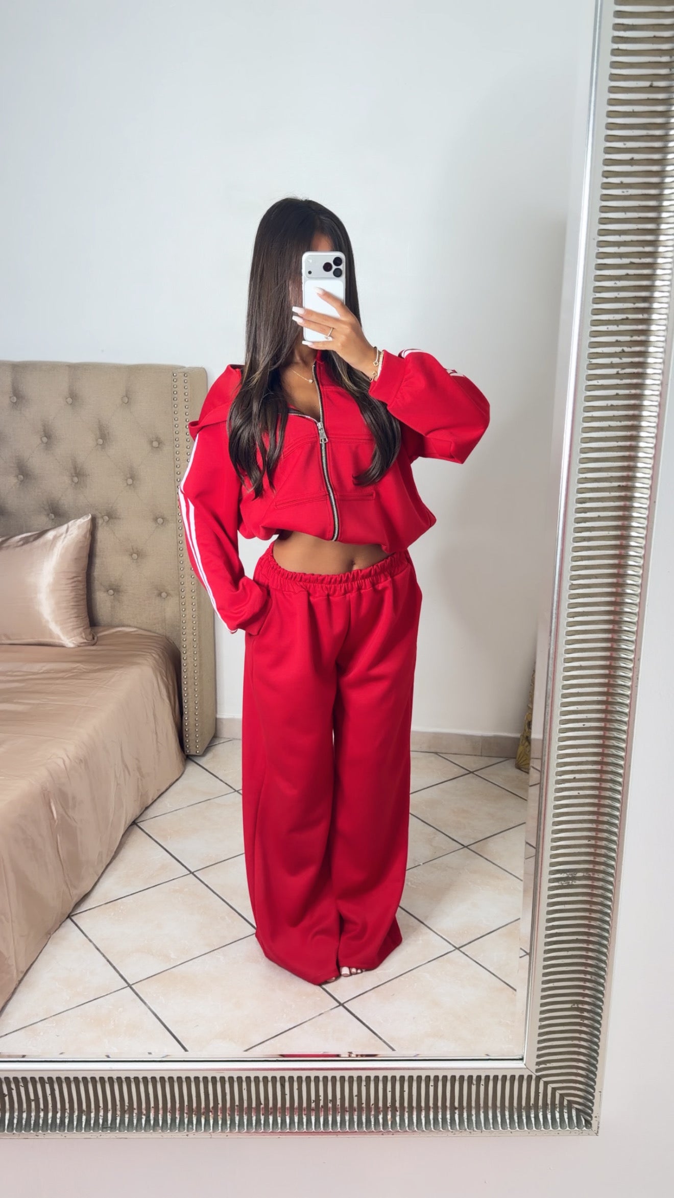 Ensemble sweat zippé détail asiatique et pantalon [ROUGE]
