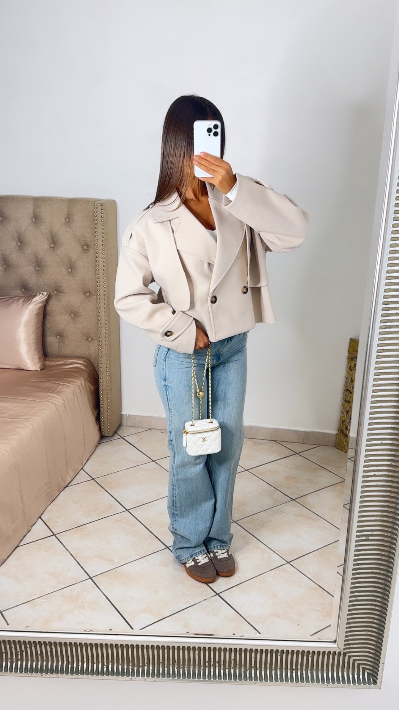 Manteau trench court effet laine [BEIGE]