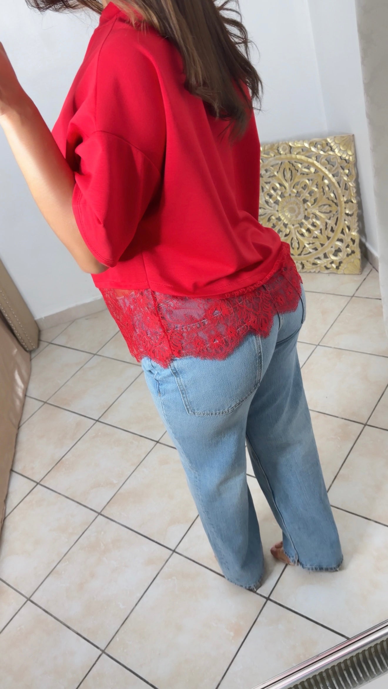 T-shirt bimatière dentelle [ROUGE]