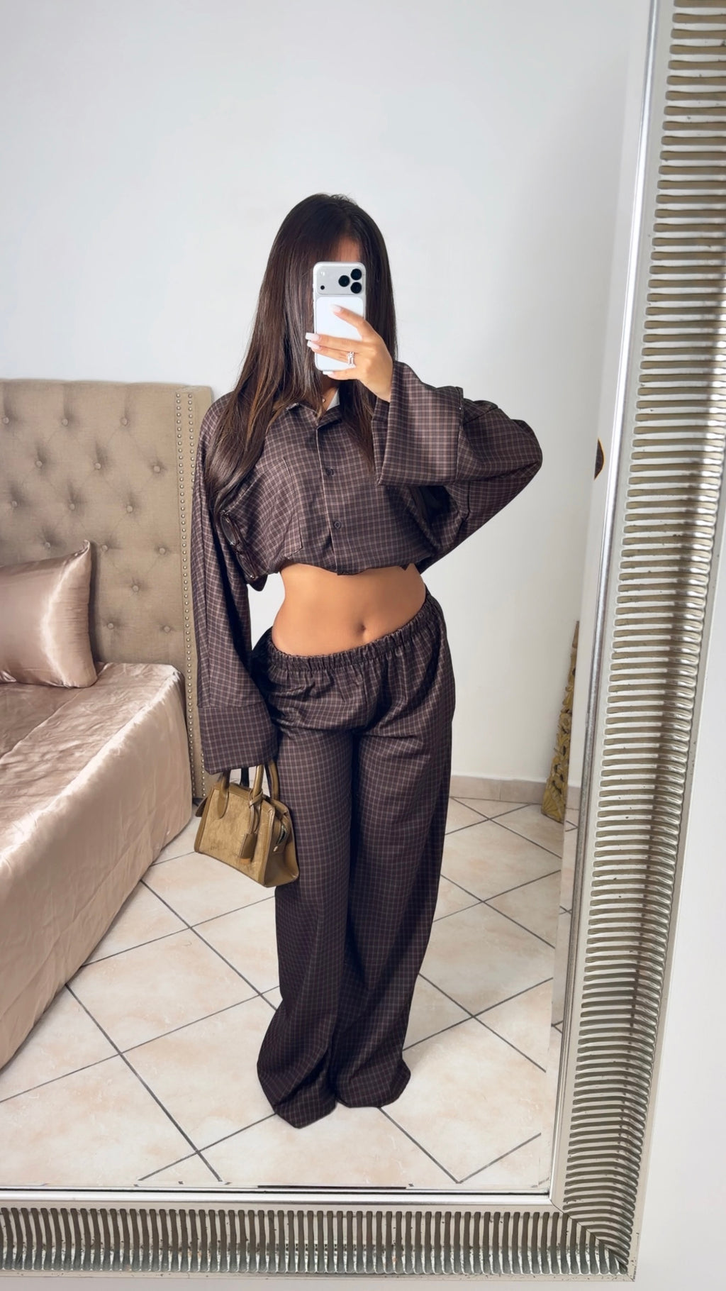 Ensemble chemise oversize longue à carreaux [MARRON]