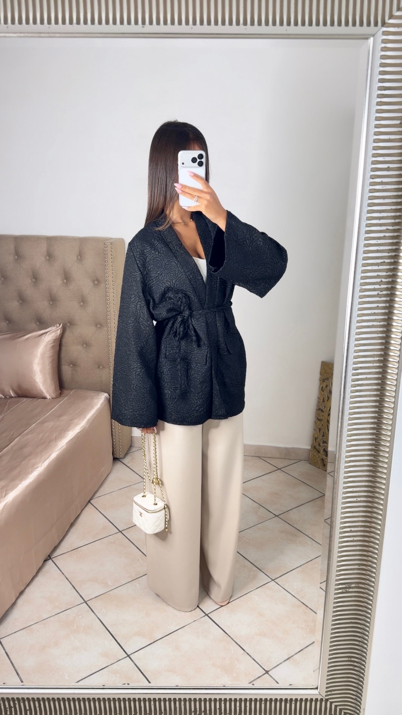 Kimono brocard à ceinture [NOIR]