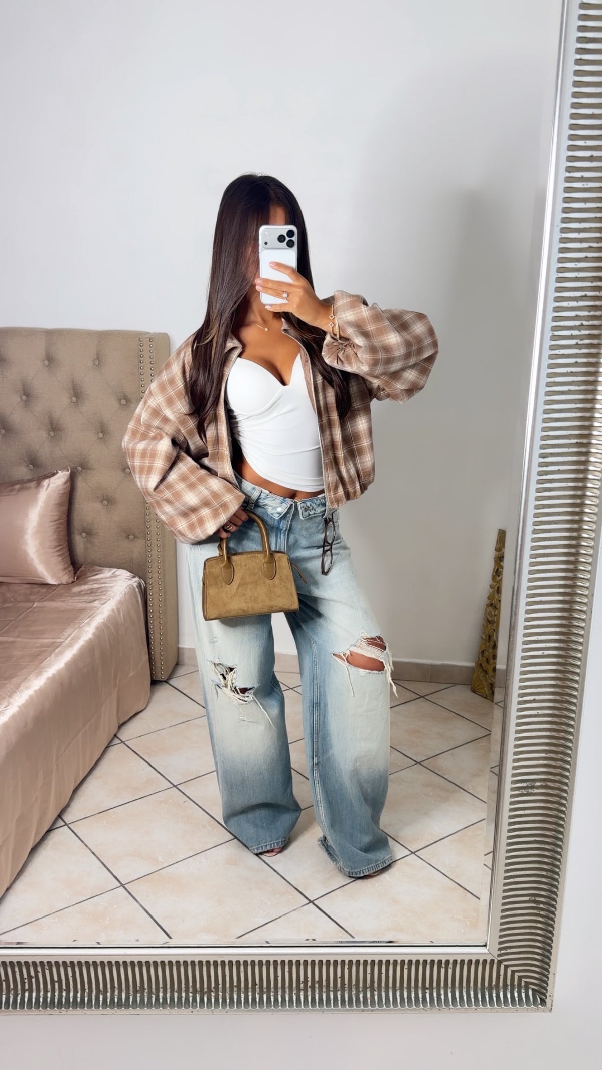 Veste bomber à carreaux manches ballons [BEIGE]