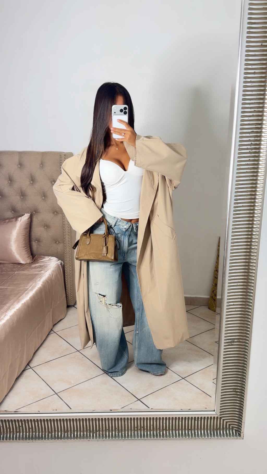 Trench oversize long à revers rayés [BEIGE]