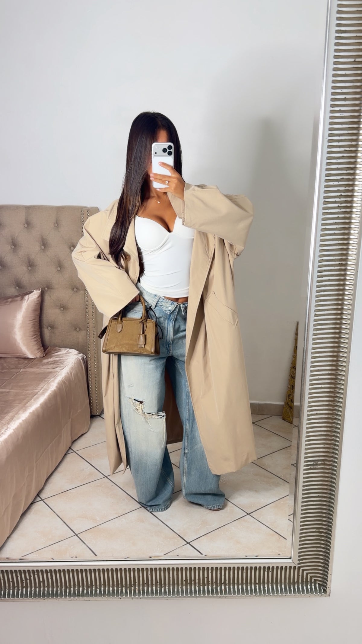 Trench oversize long à revers rayés [BEIGE]