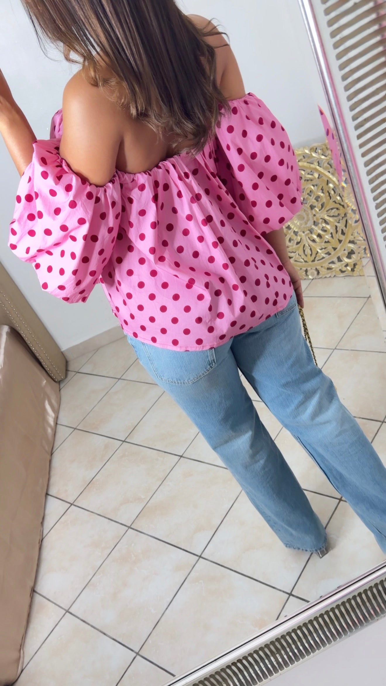 Top bouffant col bateau à pois [ROSE]