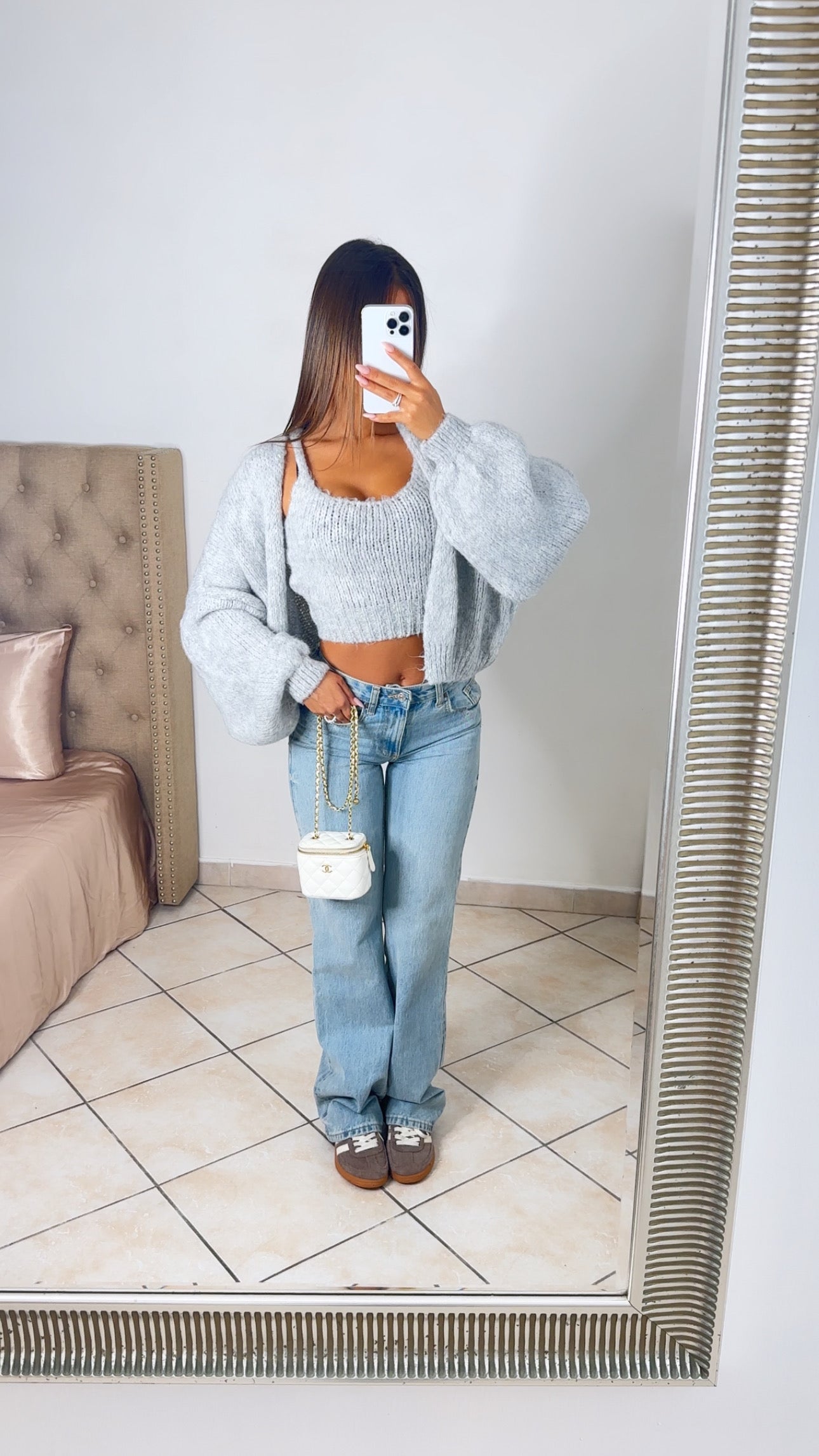 Ensemble débardeur + gilet en maille [GRIS]