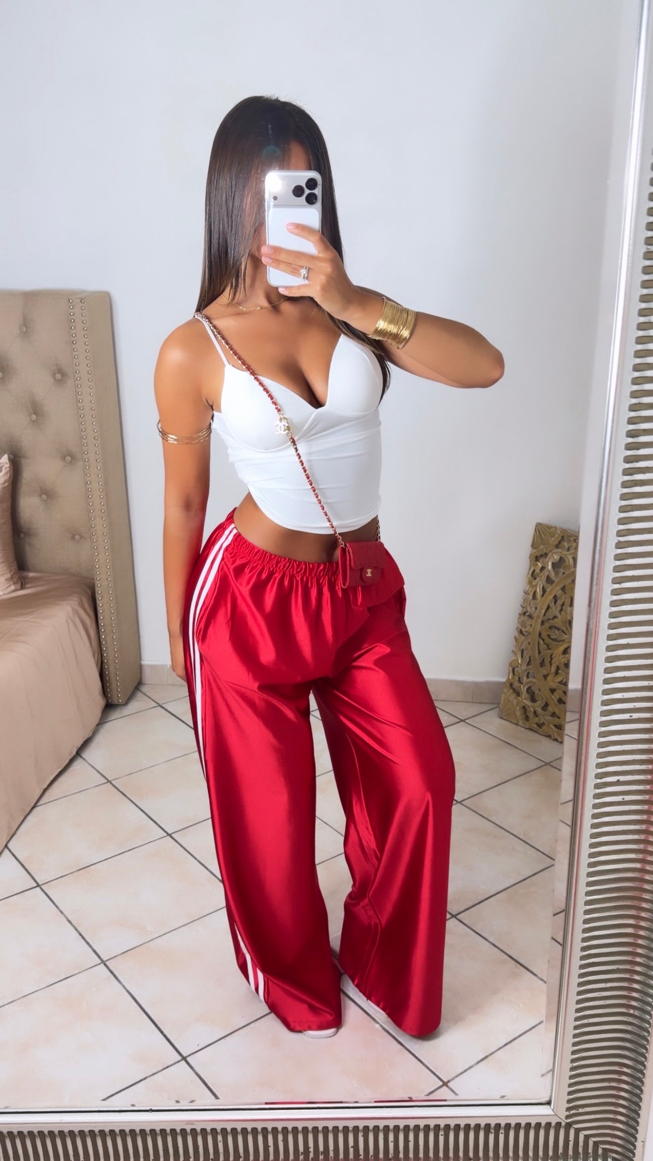 Pantalon satiné à bandes [ROUGE]