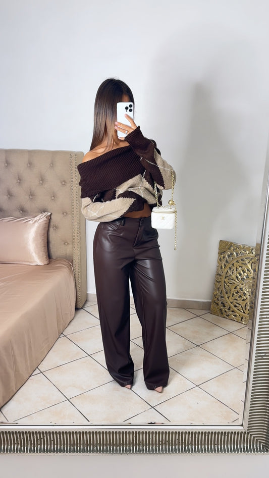 Pantalon similicuir long - TALL [MARRON]