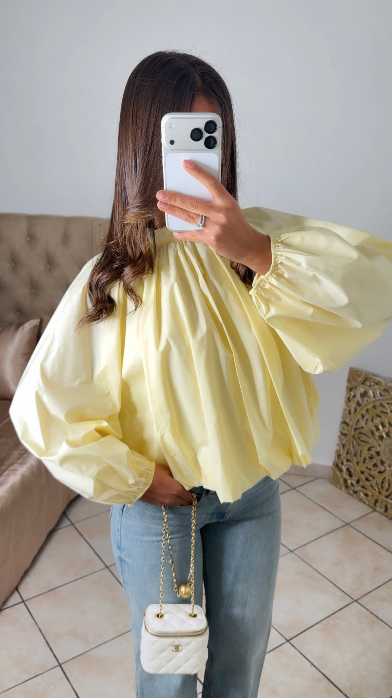 Blouse bouffante à nouer au dos [JAUNE]