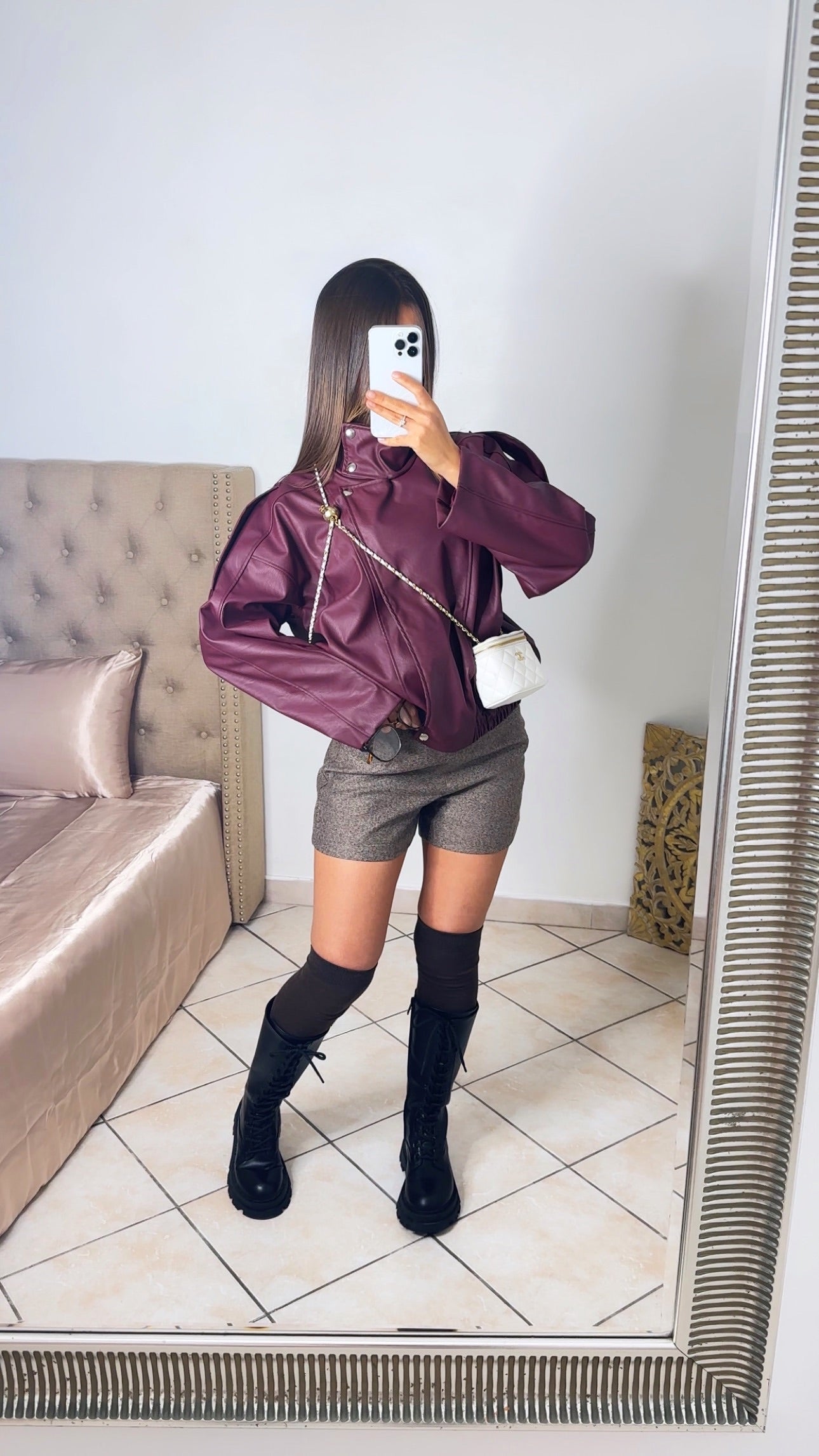 Veste similicuir oversize col montant [BURGUNDY]