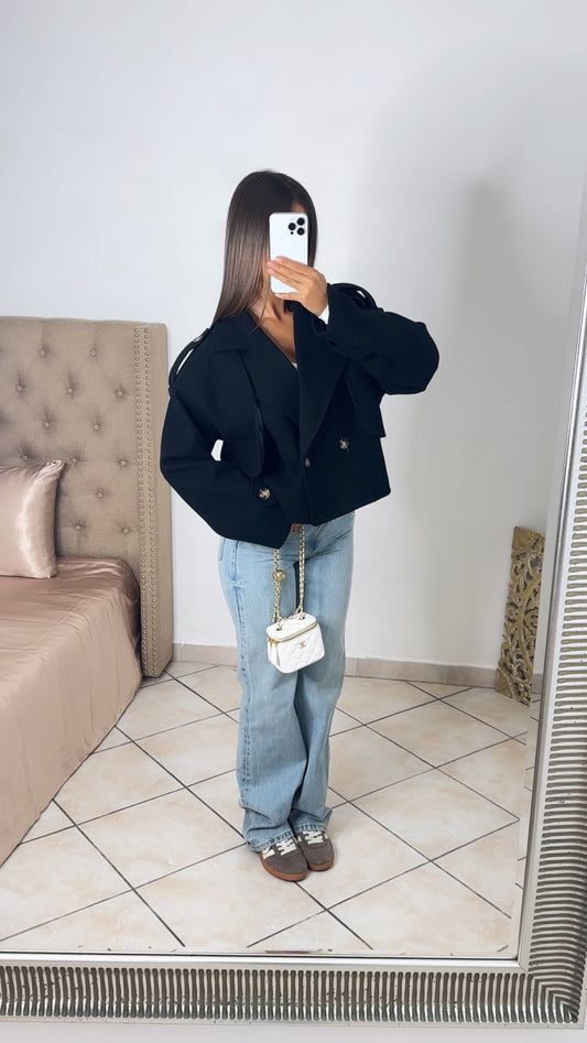 Manteau trench court effet laine [NOIR]