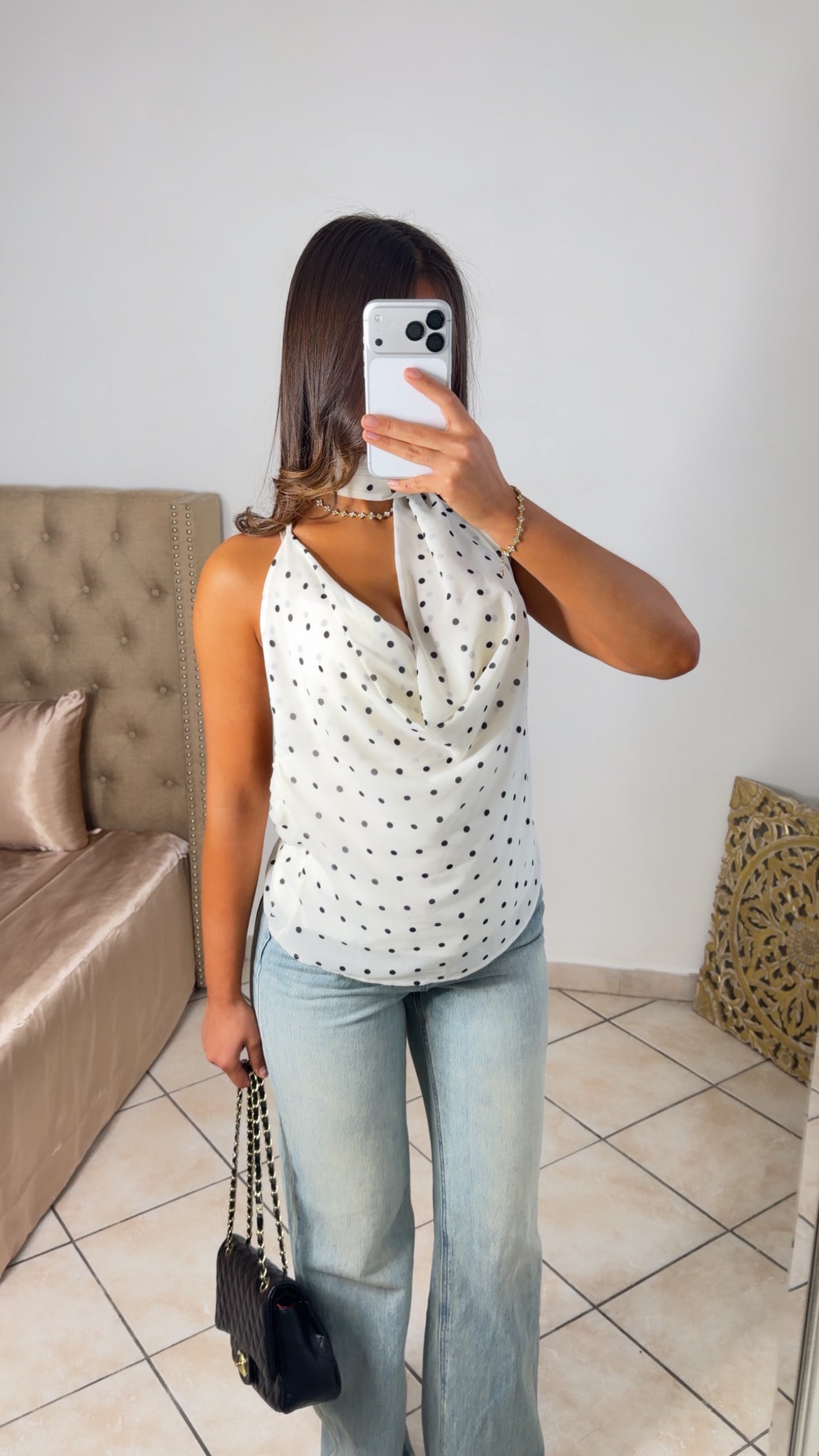 Top col bénitier dos nu avec écharpe à pois [BLANC]