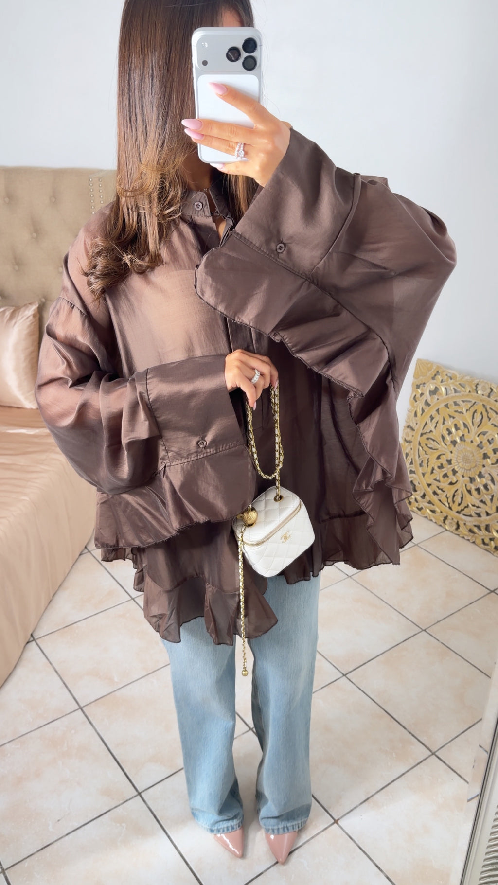 Blouse longue à volants [MARRON]