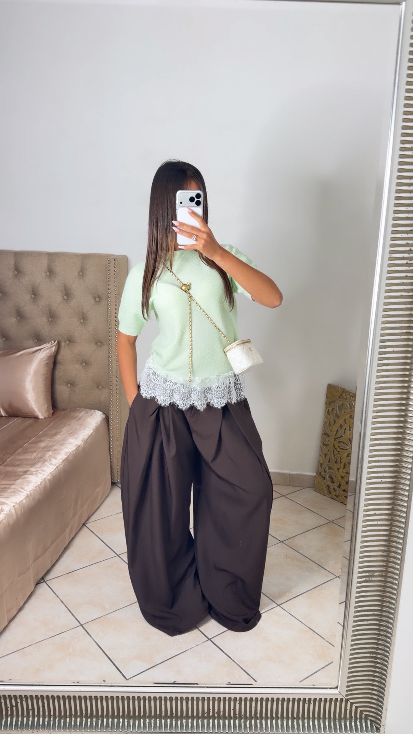 Top en maille douce à détail dentelle [MENTHE]