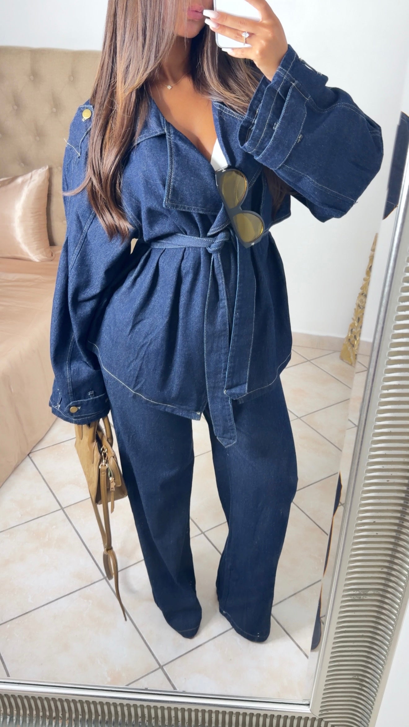Ensemble veste trench et pantalon droit en jean épais [JEAN BRUT]
