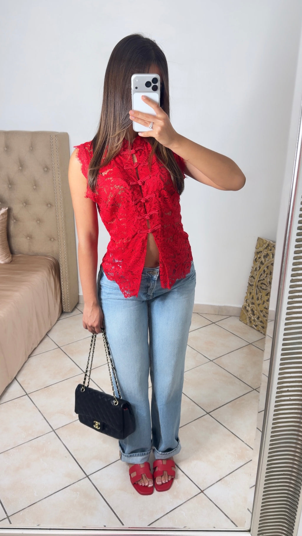 Top style Mao en dentelle transparent [ROUGE]