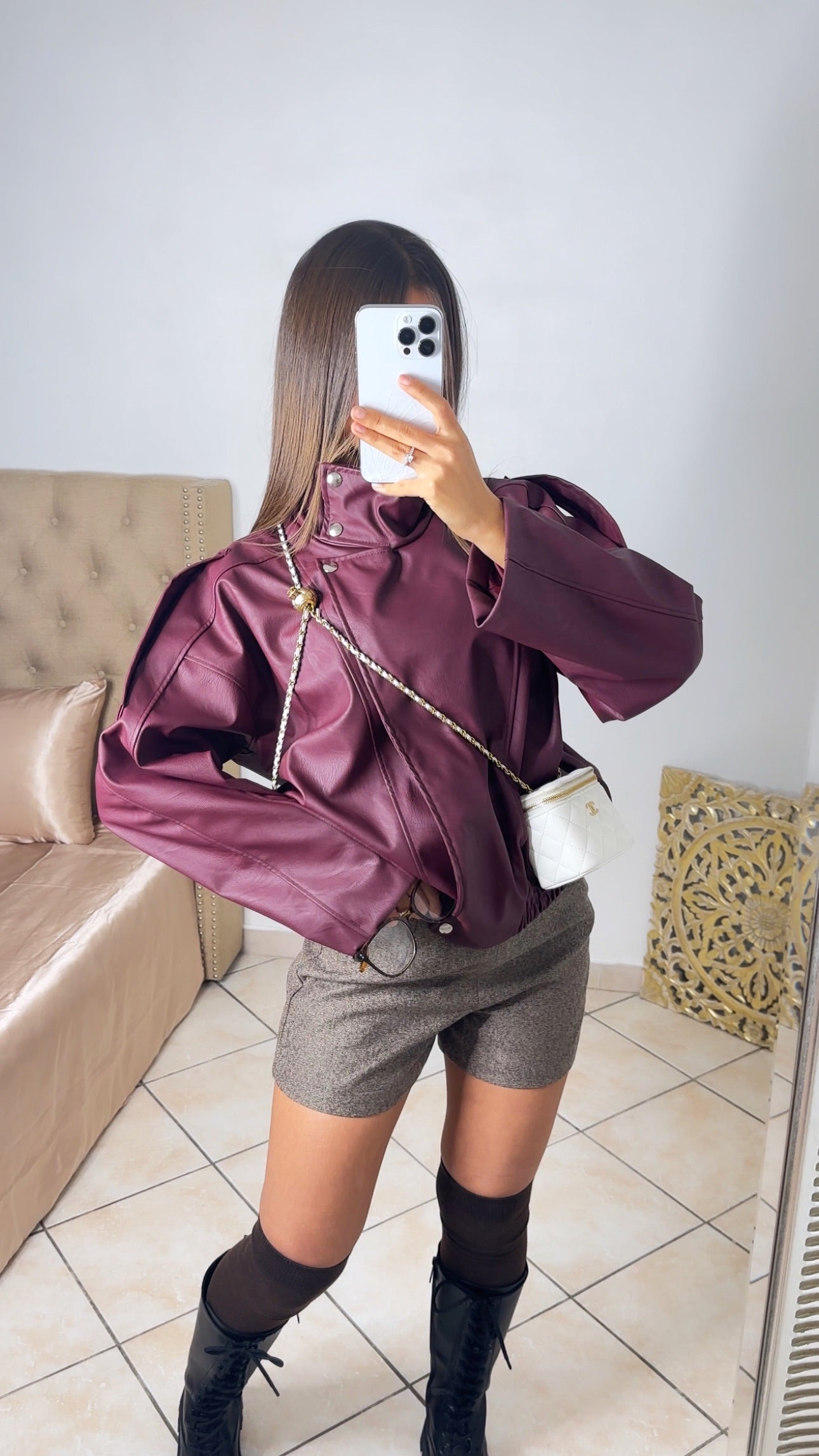 Veste similicuir oversize col montant [BURGUNDY]