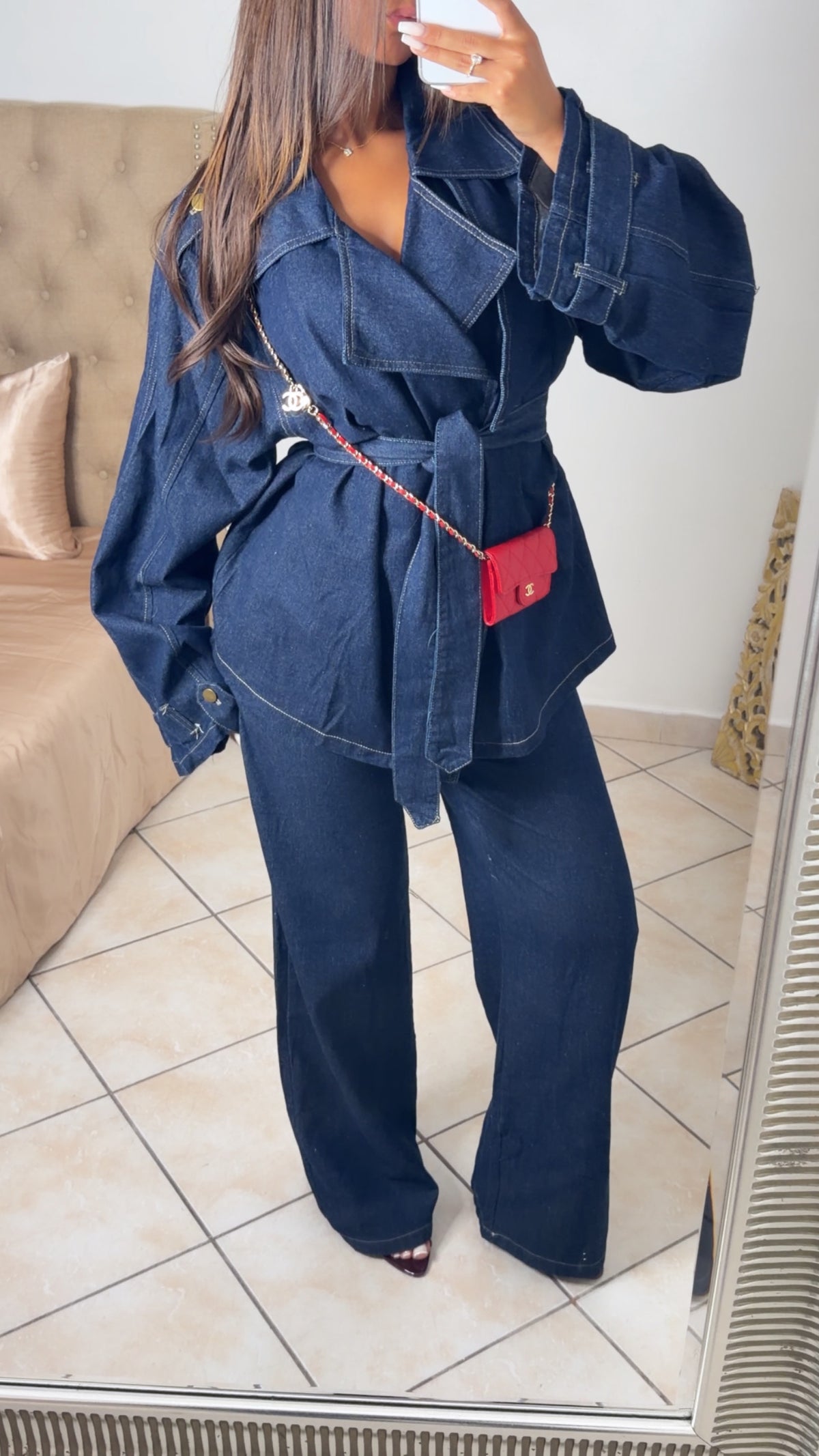 Ensemble veste trench et pantalon droit en jean épais [JEAN BRUT]