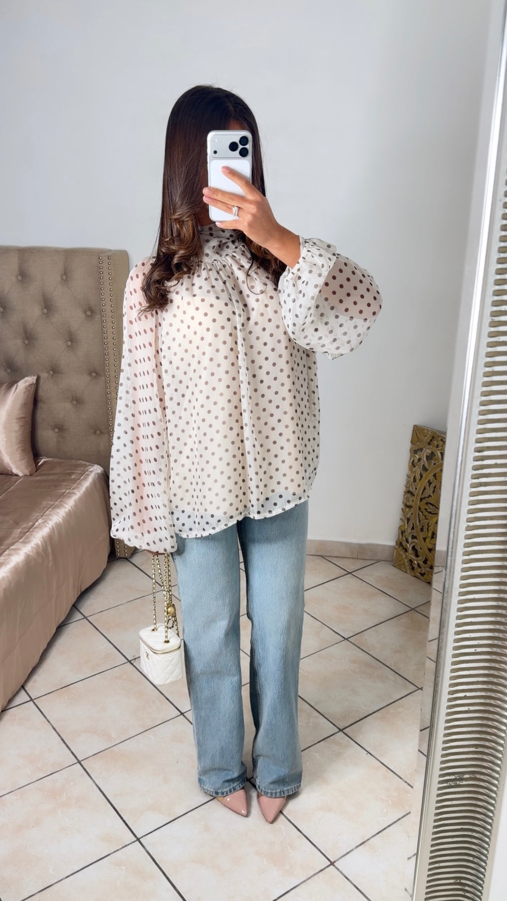 Blouse transparente à pois [CREME]