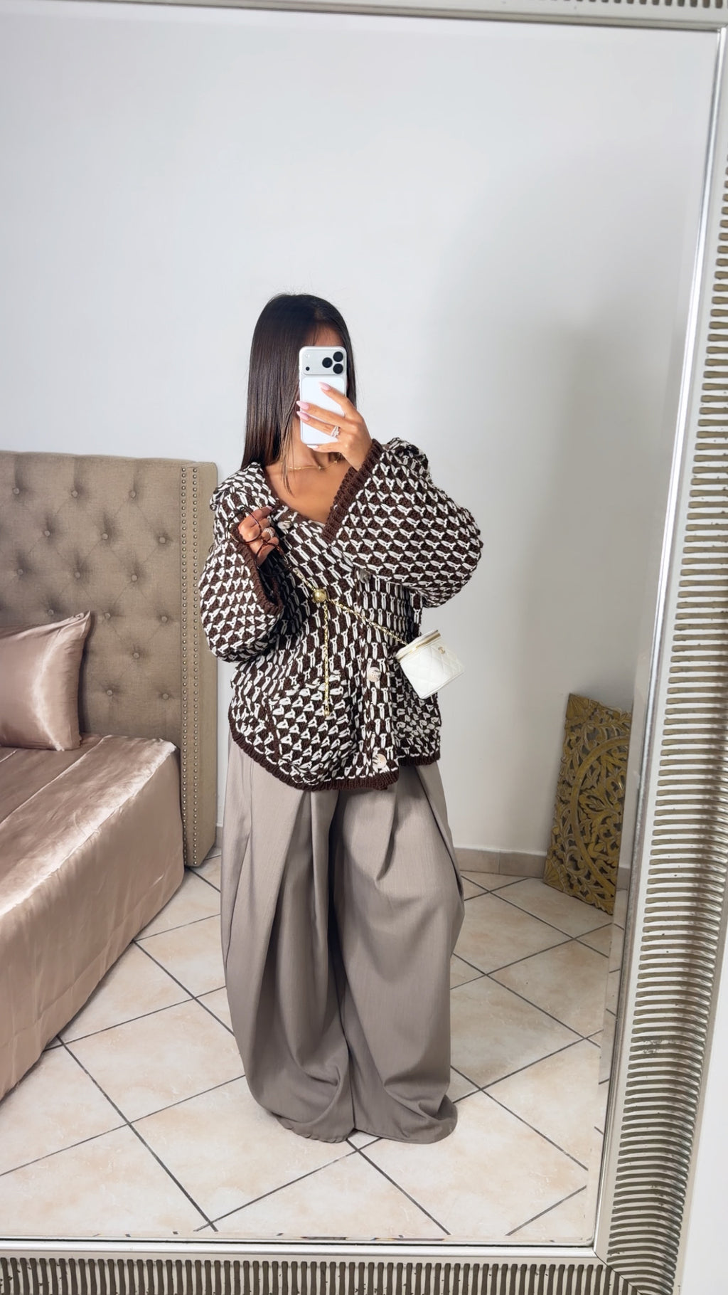 Cardigan boutonné à carreaux et grosse maille [MARRON]