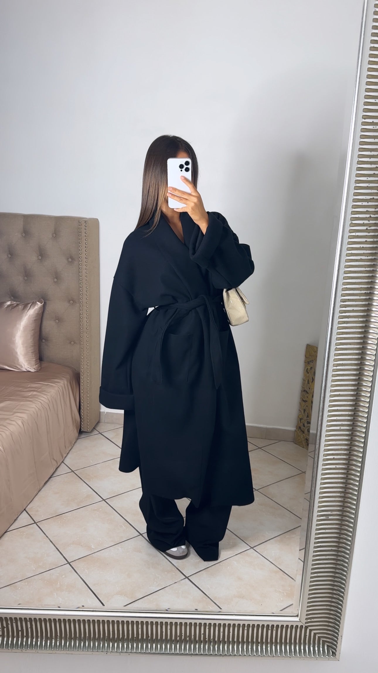 Veste longue style trench oversize à ceinture [NOIR]