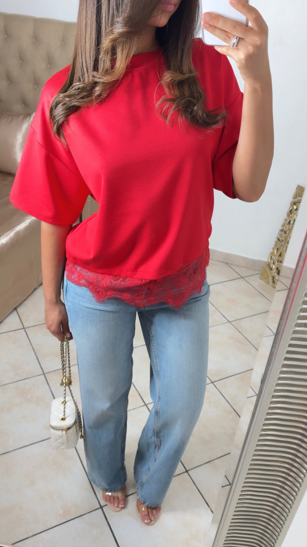 T-shirt bimatière dentelle [ROUGE]