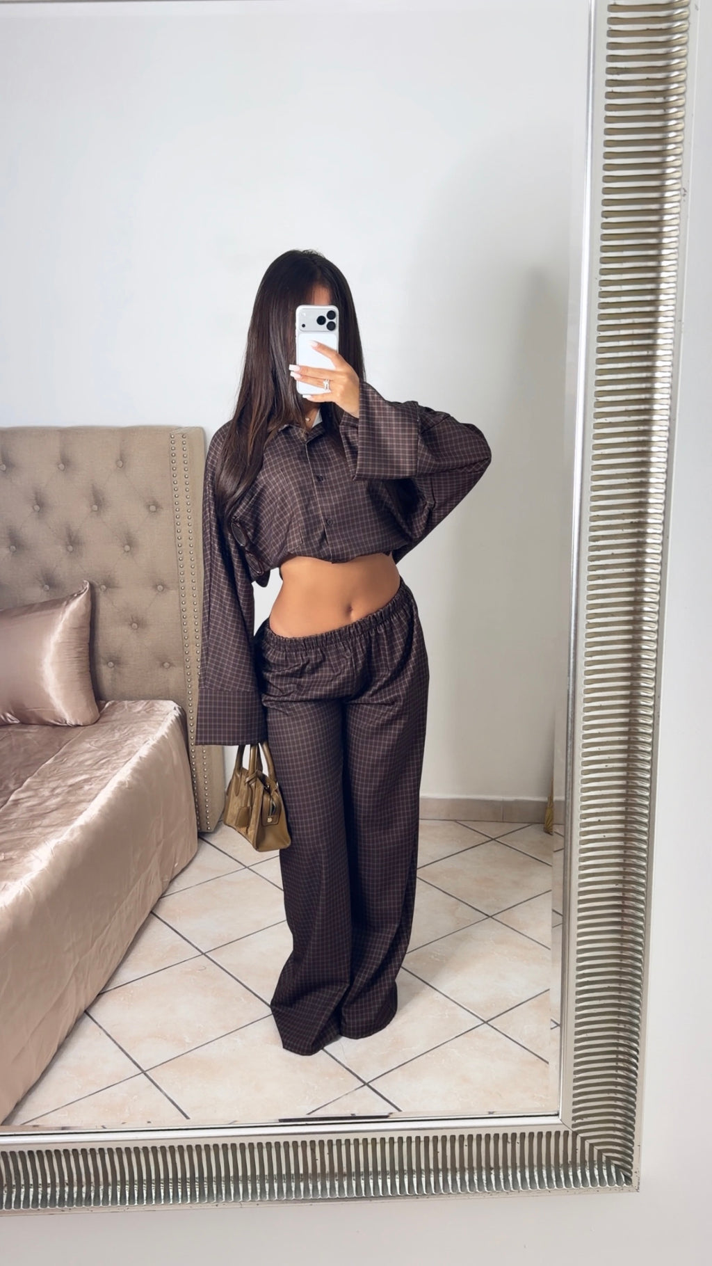 Ensemble chemise oversize longue à carreaux [MARRON]