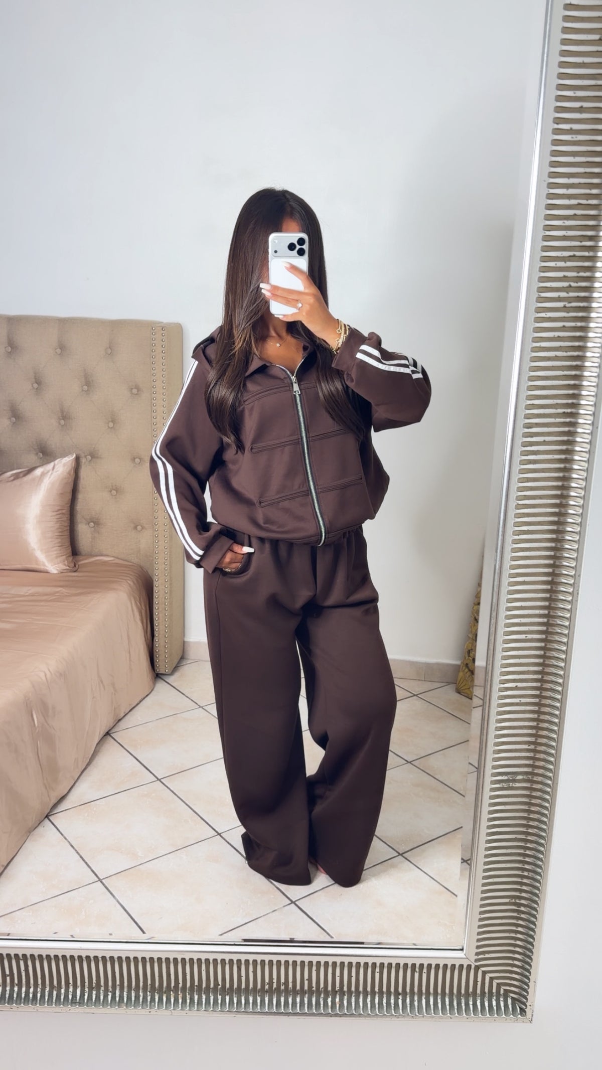 Ensemble sweat zippé détail asiatique et pantalon [MARRON]