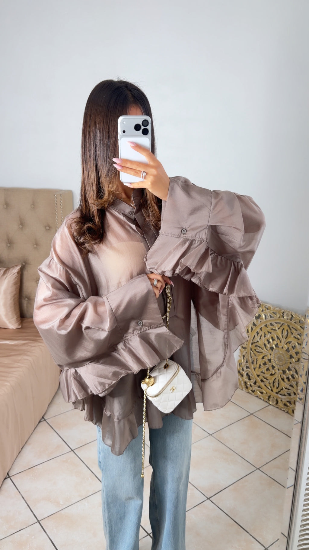 Blouse longue à volants [TAUPE]