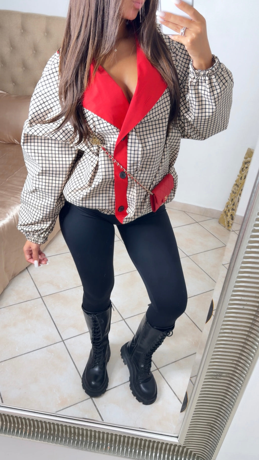 Veste à carreaux revers rouge [CREME]
