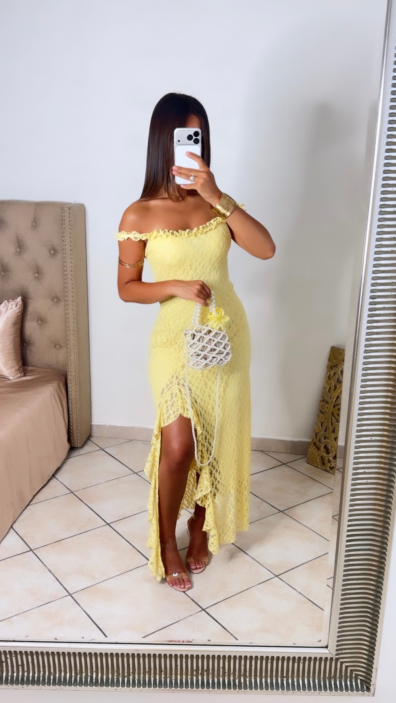 Robe à fentes en dentelle [JAUNE]