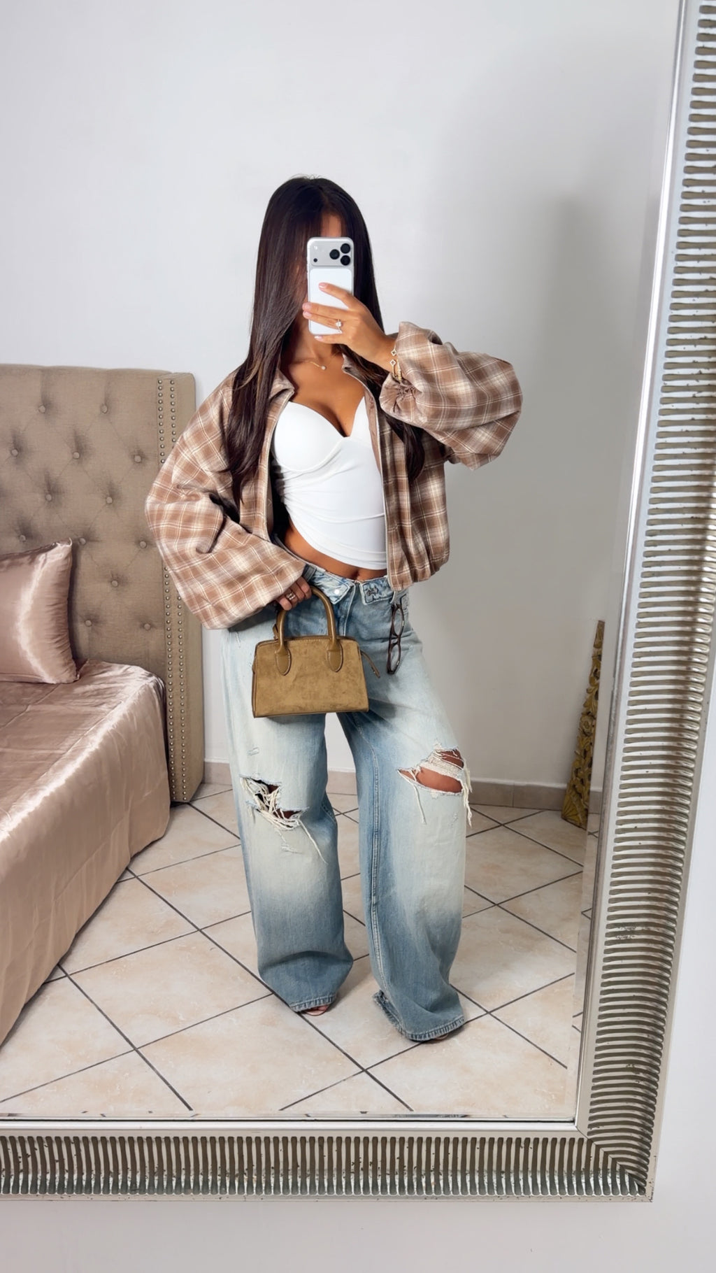 Veste bomber à carreaux manches ballons [BEIGE]