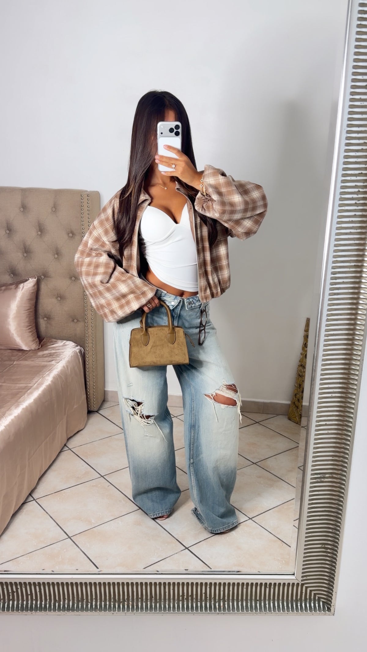 Veste bomber à carreaux manches ballons [BEIGE]