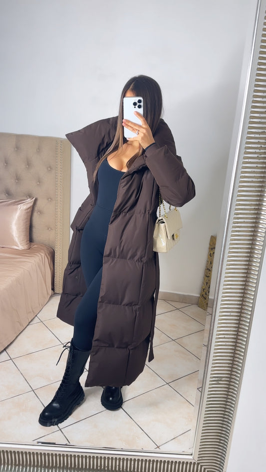 Doudoune longue à ceinture [MARRON] #FC7516