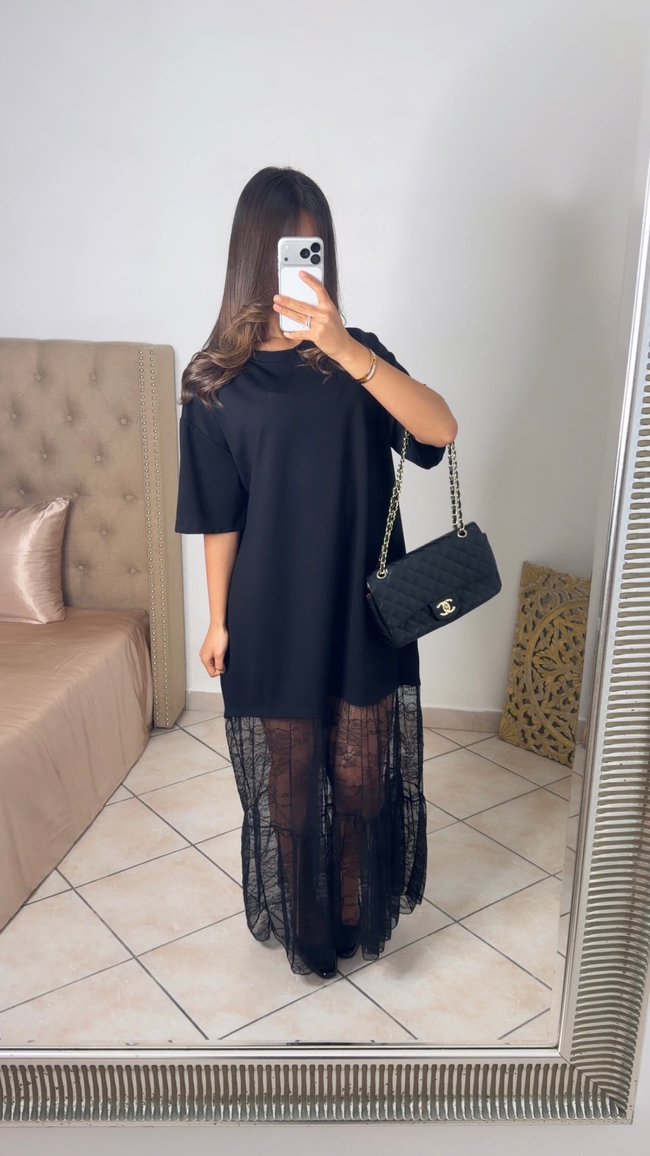 Robe t-shirt bimatière dentelle [NOIR]