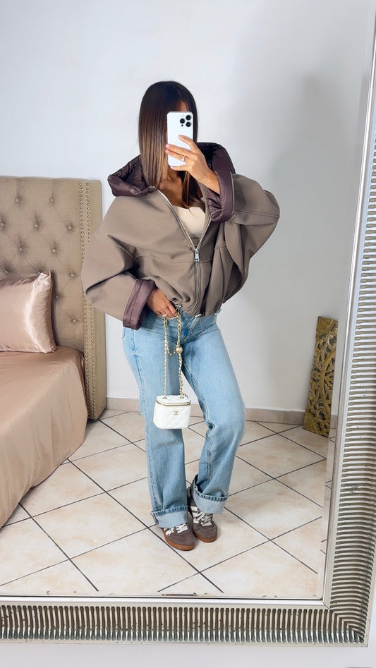 Veste courte à capuche matelassée [TAUPE]