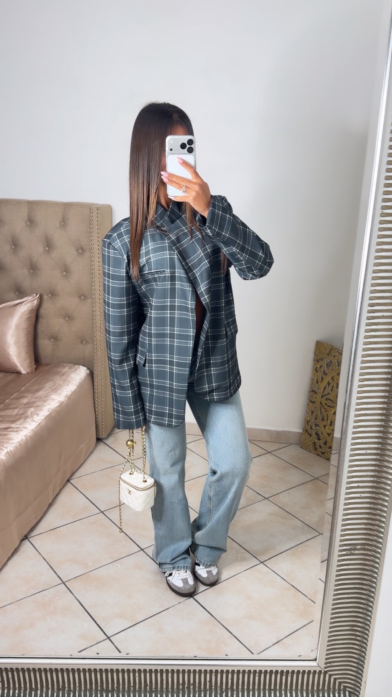 Blazer surdimensionné à carreaux [GRIS]
