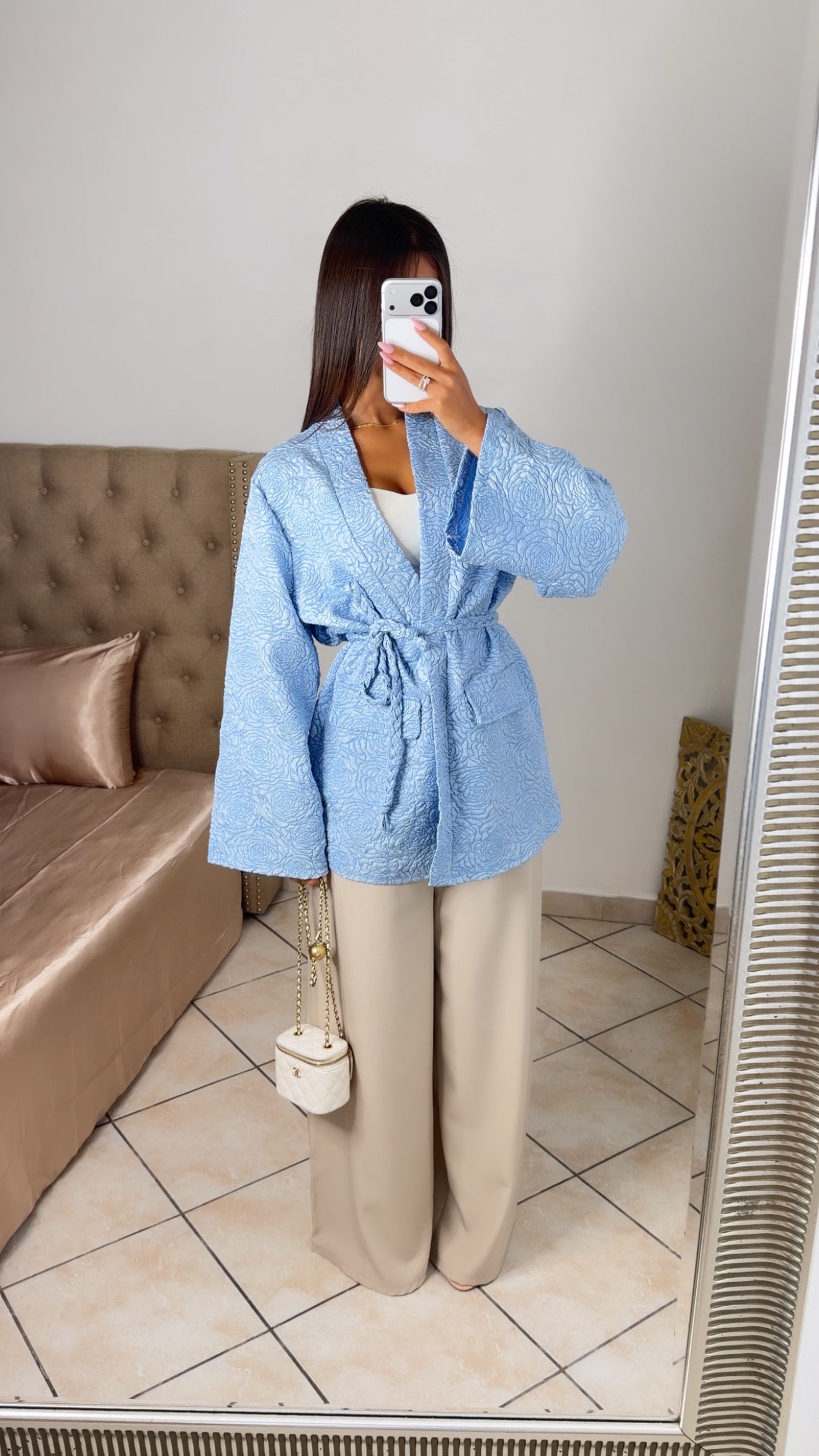 Kimono brocard à ceinture [BLEU]