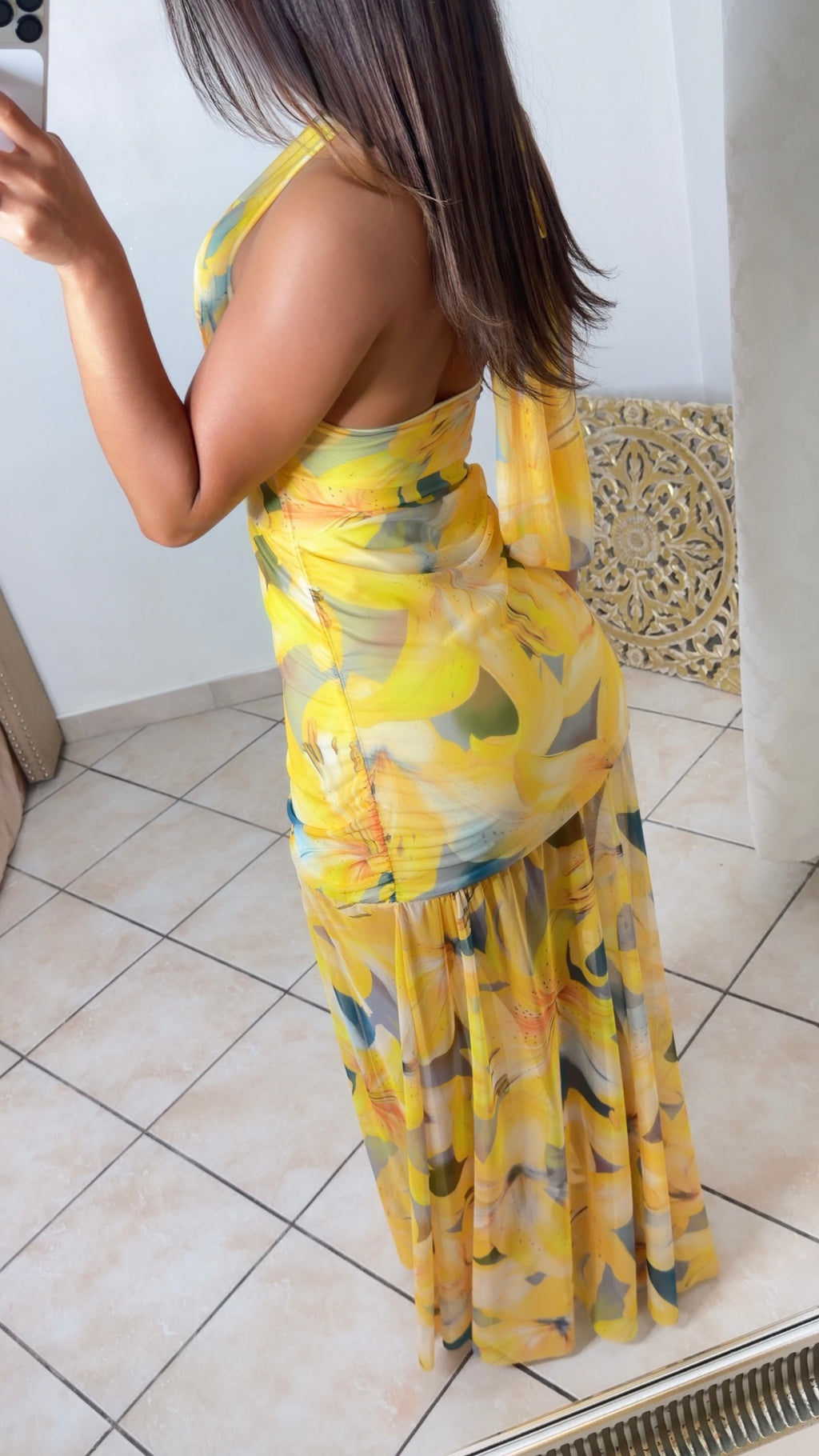 Robe longue drapée à motifs fleuris [JAUNE]