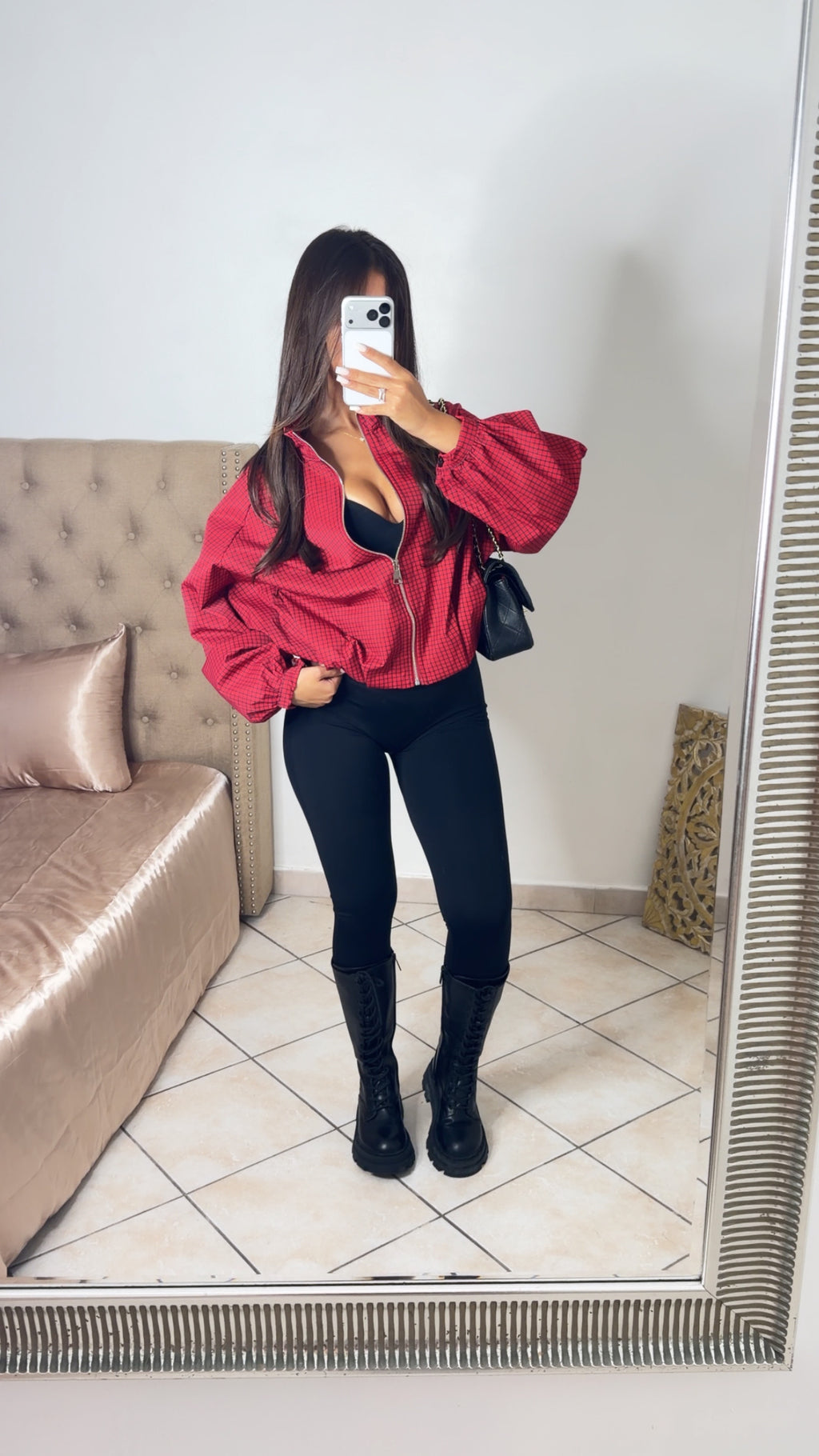 Veste bouffante à carreaux [ROUGE]