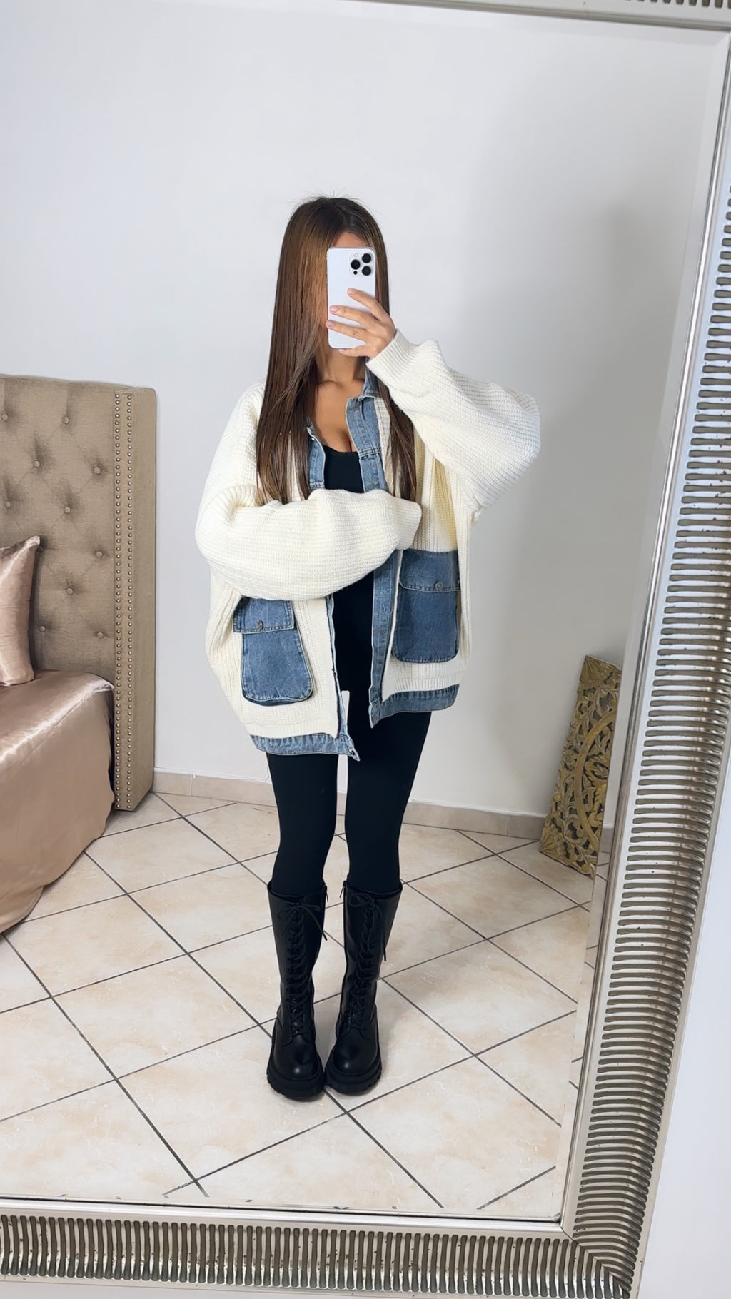 Veste oversize en maille & jean [CREME]